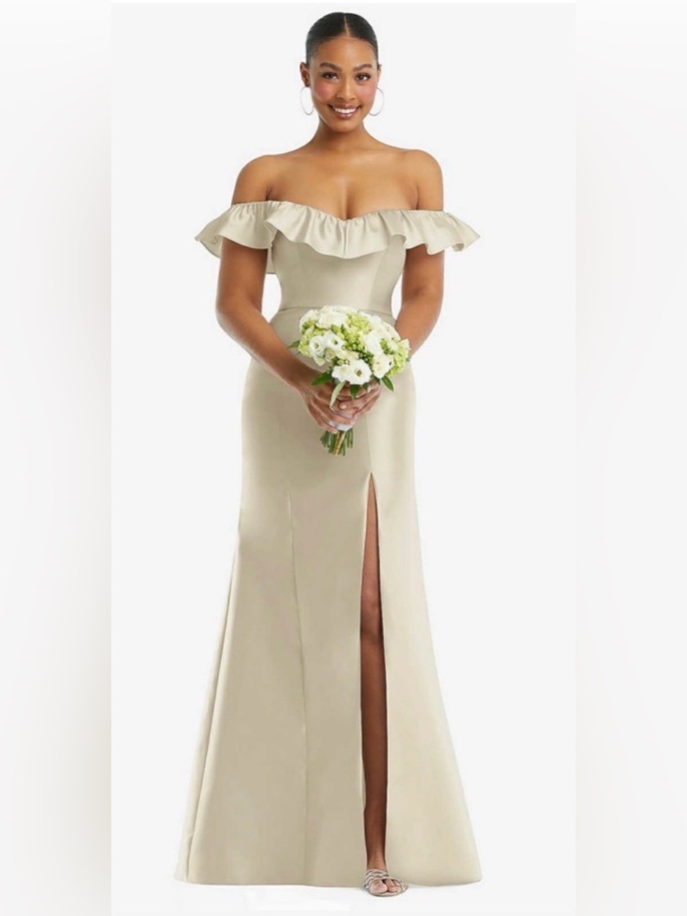 Alfred Sung Off the Shoulder Ruffle Neck Satin Trumpet Gown in Champagne - Picture 6 of 15